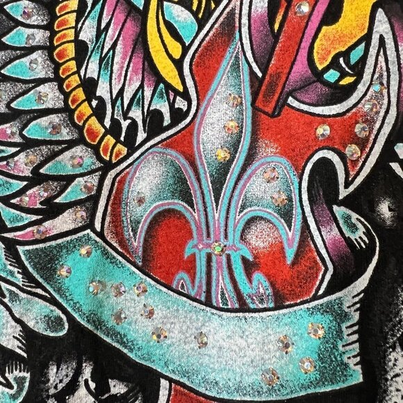 Vintage Black Mini Dress Tunic Top Rock Swarovski Rhinestone Retro Winged Guitar - Picture 9 of 12